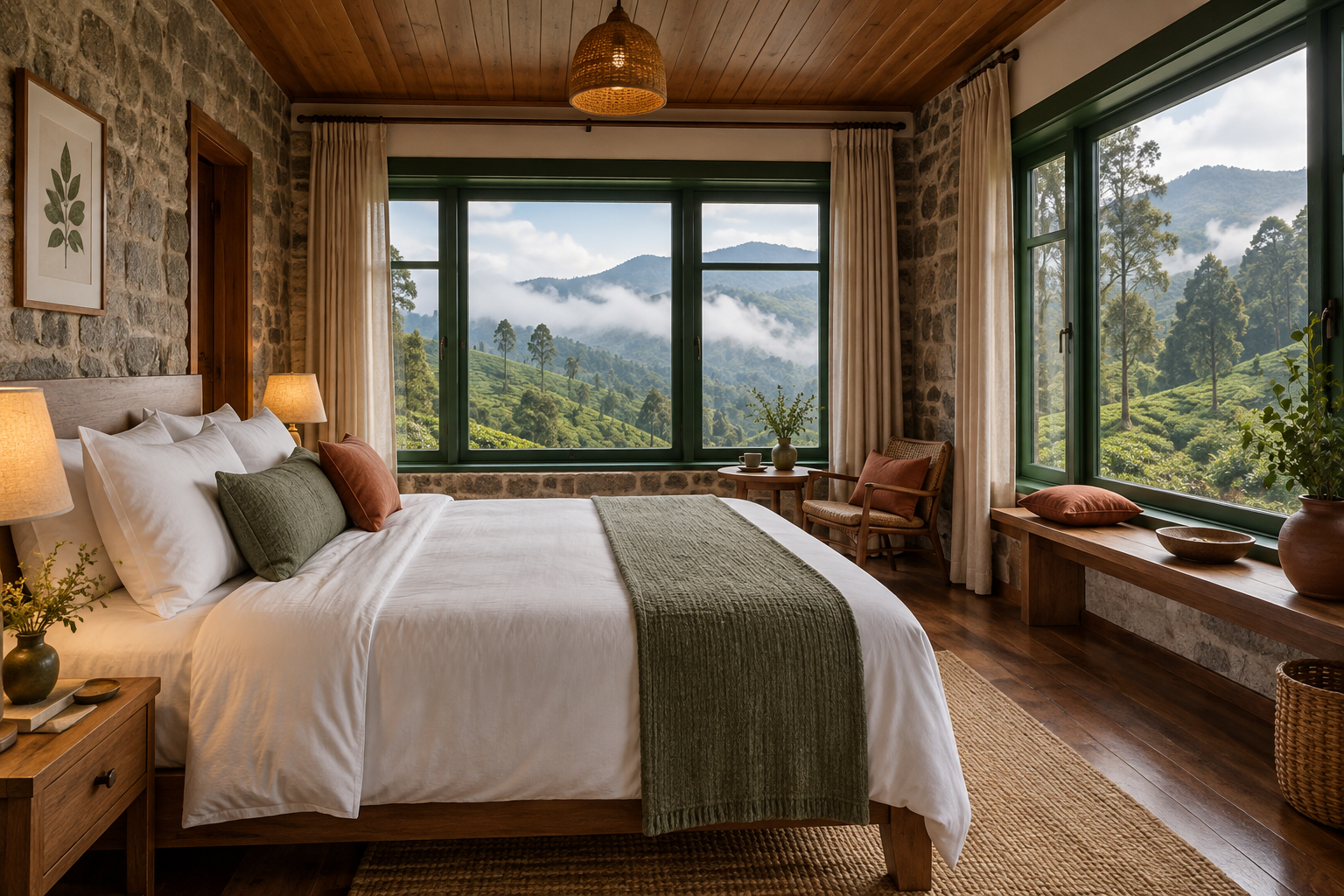Fictional cottage bedroom with white linen, timber details and a view of green hills
