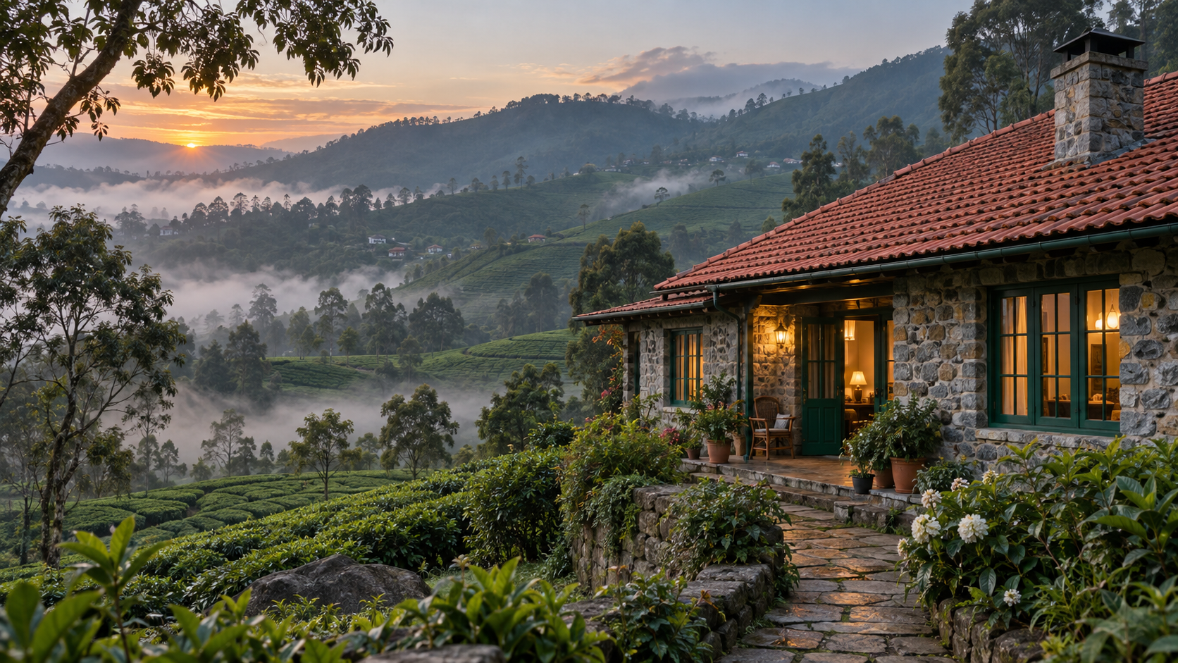 Fictional stone cottage with a terracotta roof surrounded by misty green hills