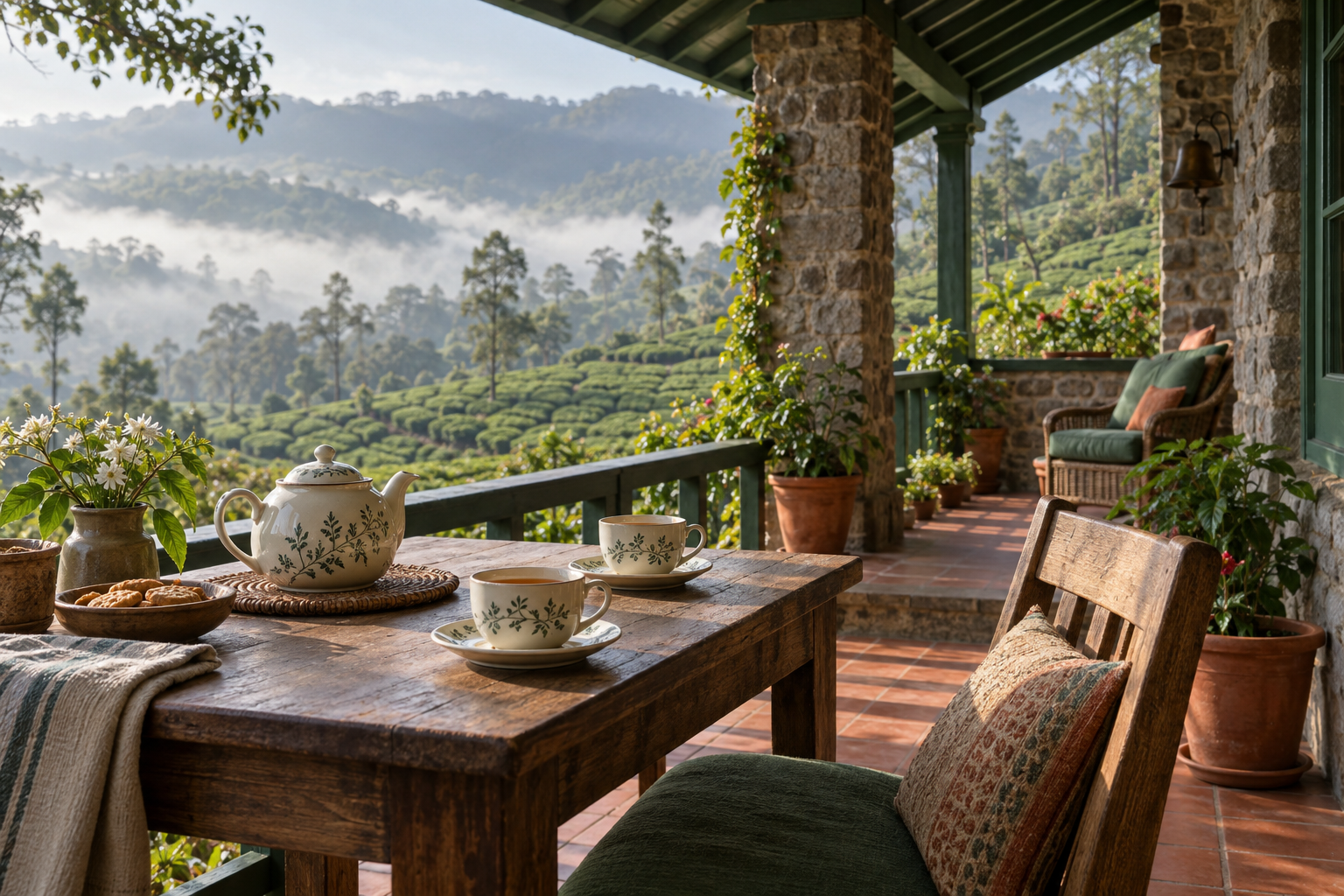 Fictional veranda with a pot of tea overlooking misty tea-covered hills